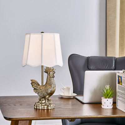 Lampe de table coq 23 po en résine dorée avec abat-jour en soie