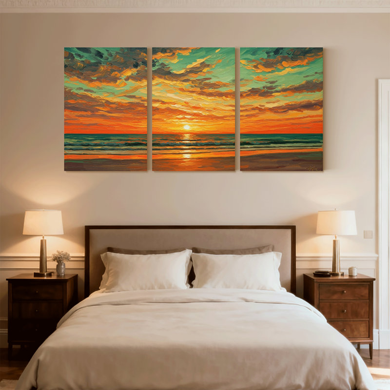 Nautique et plage, coucher de soleil, ciel, vagues de l'océan, horizon, couleurs, ensemble de 3 impressions sur toile
