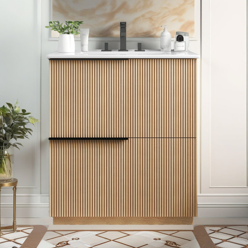 Meuble-lavabo Hurlburt avec lavabo en céramique intégré et rangement intelligent?, Brun