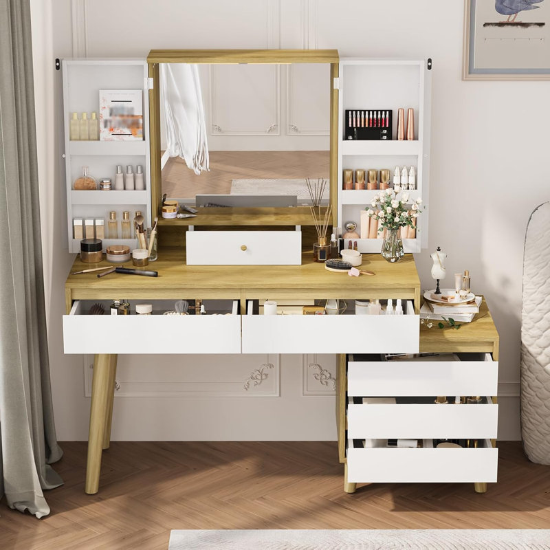 Grande coiffeuse à maquillage avec 6 tiroirs et tablettes de rangement