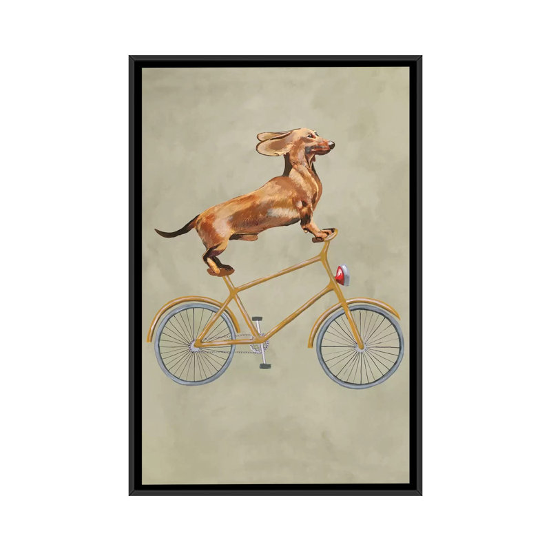 « teckel on bicycle i », reproduction d’art sur toile, H 26 po x l 18 po x P 1,5 po, Toile avec cadre noir, Pas de tapis