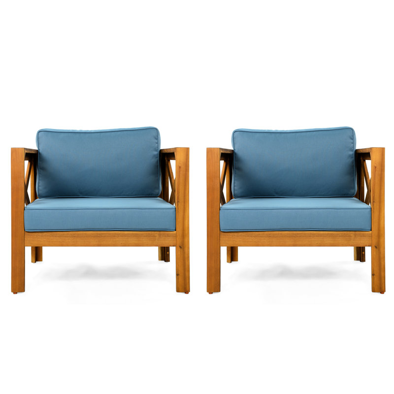 Weather - Fauteuil club extérieur en bois de 2 avec coussins bleus, finition, idéal pour les fauteuils près de la piscine, confortables dans les patios et les terrasses