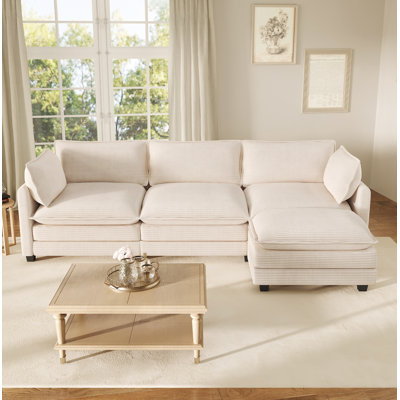 Corduroy 3-Seater L-Shaped Sectional Sofa With Adjustable Ottoman