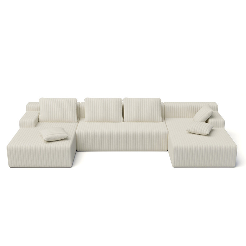 Boneless 96" L-Shaped Boneless Modular Cloud Couch Sectional Sofa, White Corduroy