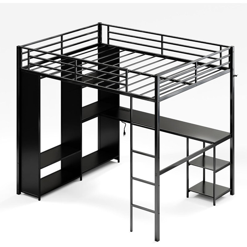 Grand lit mezzanine en métal peu encombrant avec bureau en L, garde-robe, tablettes de rangement