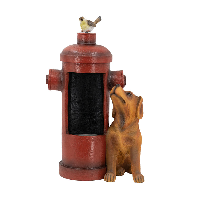 Outdoor Water Fountain With Dog And Bird Accents - Red Fire Hydrant Design, 16.2X11x26.8 Inches With Light And Pump
