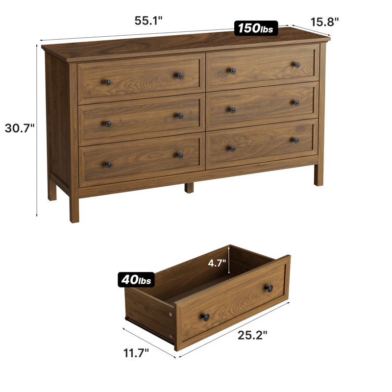 55.1" W 6 Drawer Dresser for Living Room, Bedroom, Brown