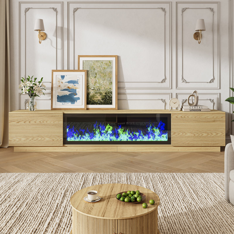 94.5" W TV Stand with Fireplace, Entertainment Center for TV up to 100", Natural, Natural 