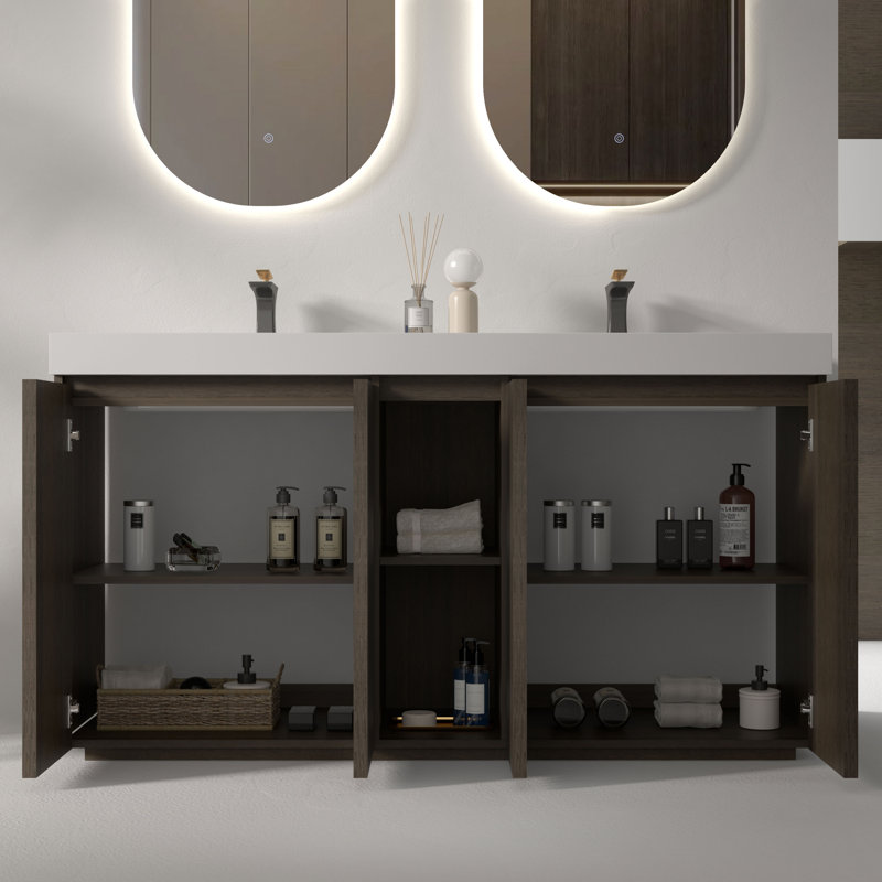 Bathroom Vanity with Solid Surface Top, 60", White/Dark Brown, Single-Hole