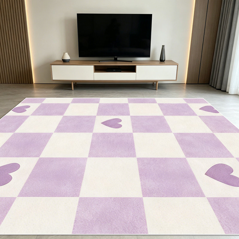 1PC Lavender Purple Checkerboard Heart Print area rugs for Living Room, Soft and Comfortable, Suitable for all seasons, easy-to-maintain, machine washable Indoor floor mat, Under Table Farmhouse suitable for dining room, bedroom, kitchen entryway,