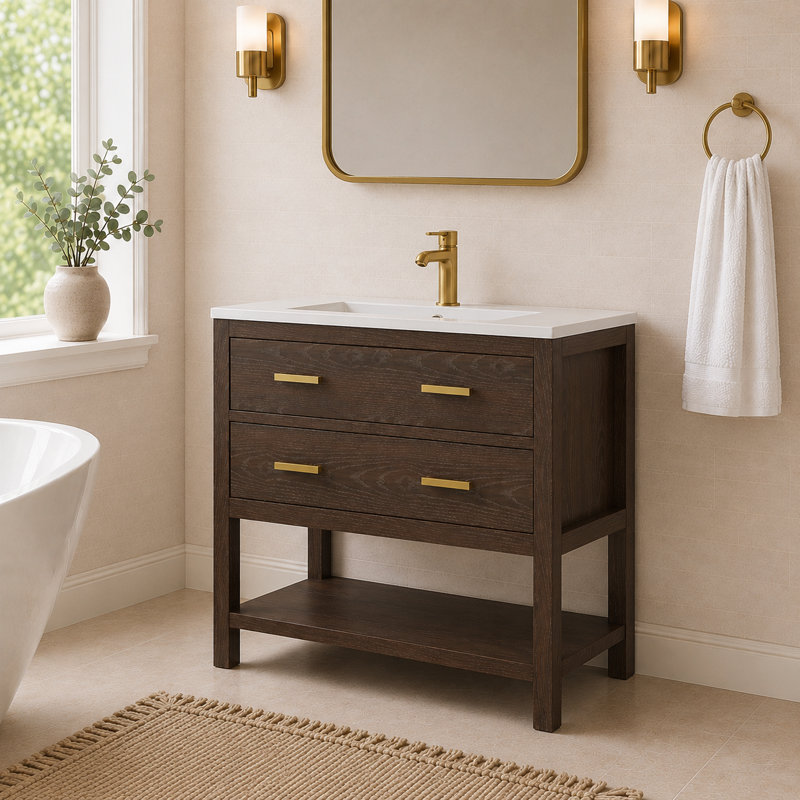 Aastha 37" Walnut Single Sink Bathroom Vanity with Solid Surface Composite Top, 37"