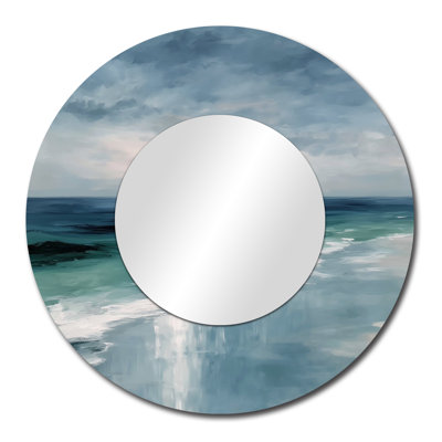 Coastal Waves in Blue and White Tones – Nautical Large Round Decorative Wall Mirror, Metal Print