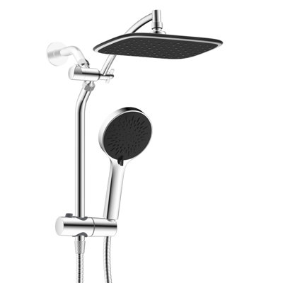 Ensemble de douche Easy-Reach 2 en 1 – Pommeau de pluie haute pression de 25 cm et douchette à main 5 jets avec bras d'extension métallique réglable, inverseur 3 voies et support, chromé
