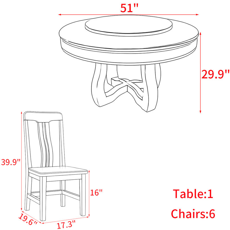 Modern solid wood round table set, 29.9"H x 51"L x 51"W, 9 Pieces: Table, 8 Chairs