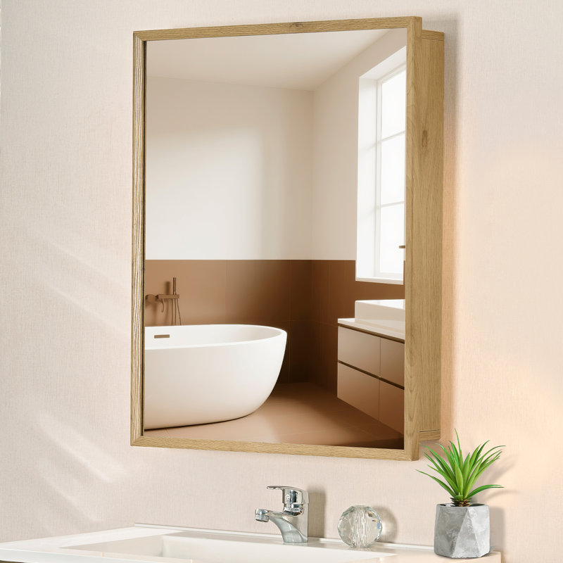 24" Oak Wooden Medicine Cabinet with Beveled Frame Adjustable Shelves, Wall Mounted or Recessed Design for a Warm and Stylish Bathroom Upgrade