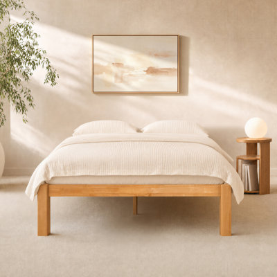 Japanese Joinery Bed Frame King, Solid Rubberwood Bed Base with No-Tool Assembly, Japandi Style, IAS & SGS Certified Rubberwood,Natural Oak