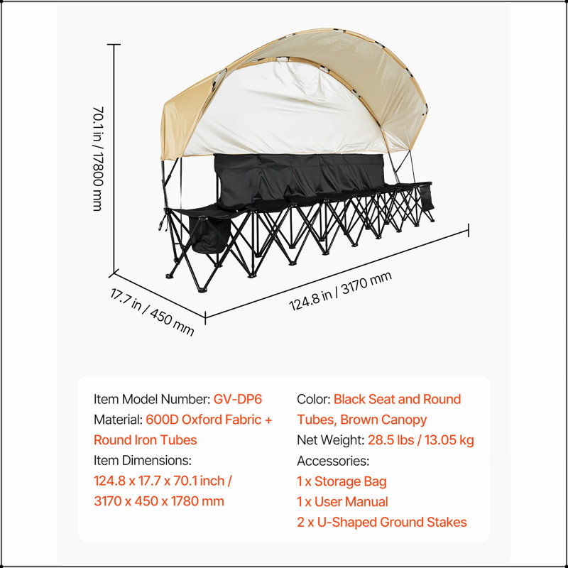 Banc portatif pliant à 6 places avec parasol, poches de rangement, porte-gobelets et sac de transport pour les événements extérieurs