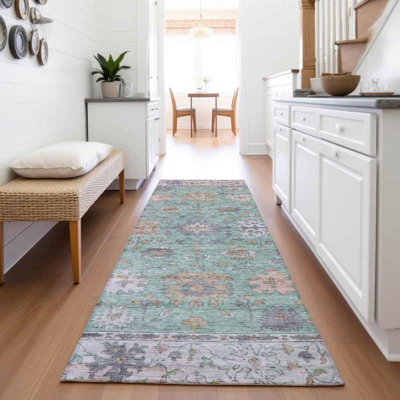Tapis menthe Xhevrie intérieur / extérieur lavable à la machine, Tapis de couloir 2 pi 3 po x 7 pi 6 po
