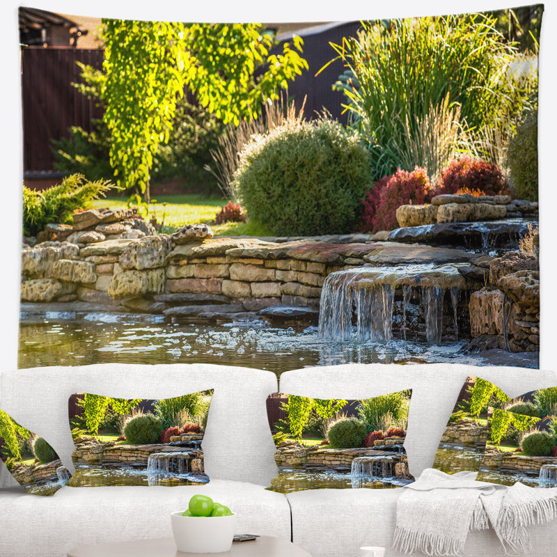 Tapisserie paysage vert lac et plantes, H 32 po x l 39 po
