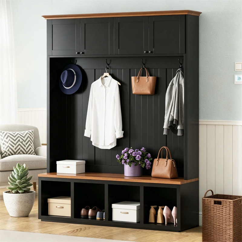 Farmhouse 4-in-1 Entryway Hall Tree with Cabinets, Shoe Bench and Hooks, All-in-One Mudroom Organizer, Black
