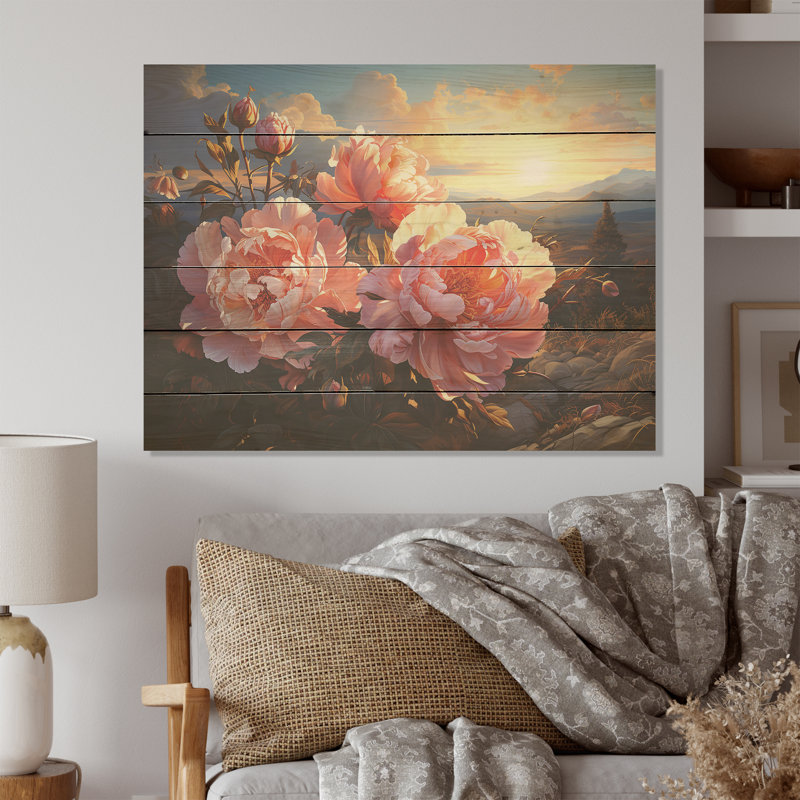 Pivoines magiques au coucher du soleil I - pivoines, art sur bois de pin naturel, H 24 po x l 32 po