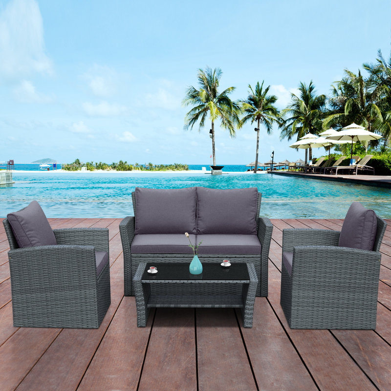 Wood 4 - Person Patio Conversation Set with Cushions, Gray