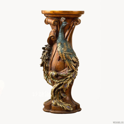 32.7 Inch Peacock Carved Decorative Pedestal Stand, Resin Faux Wood Plant Display Column
