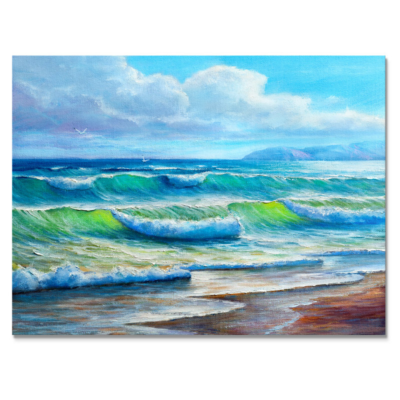 «Blue Ocean Waves Scenery V» - Décoration murale en toile nautique et côtière, H 16 po x l 32 po x P 1 po, Toile tendue