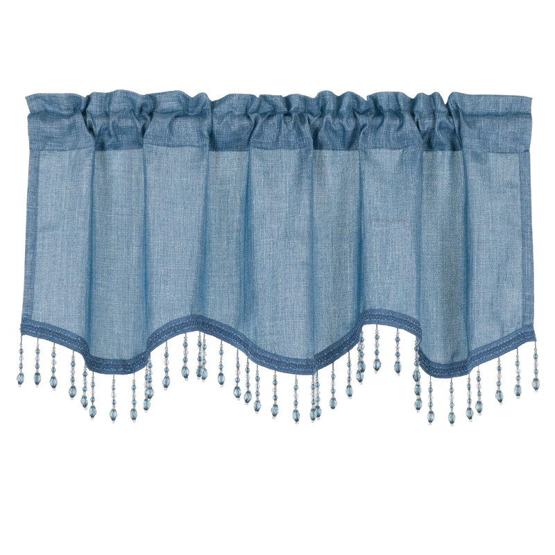 Kate Aurora 1 Piece Moroccan Sparkle Rod Pocket Semi Sheer Voile Beaded Trim Window Valance, Blue