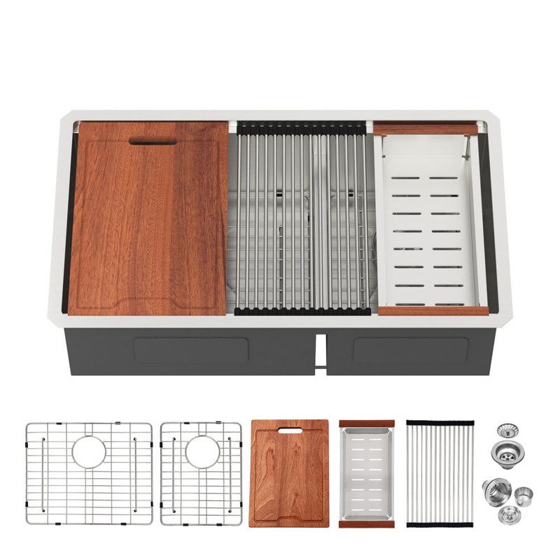 Évier de cuisine à double cuve (60/40) sous-comptoir - Évier de cuisine à double cuve de 32 po x 19 po x 10 po de calibre 16 avec deux cuves profondes de 10 po