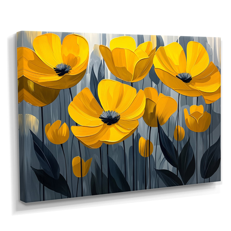 Champ de coquelicots jaunes et gris dans la brise II - coquelicots, art mural, H 30 po x l 40 po, Toile tendue
