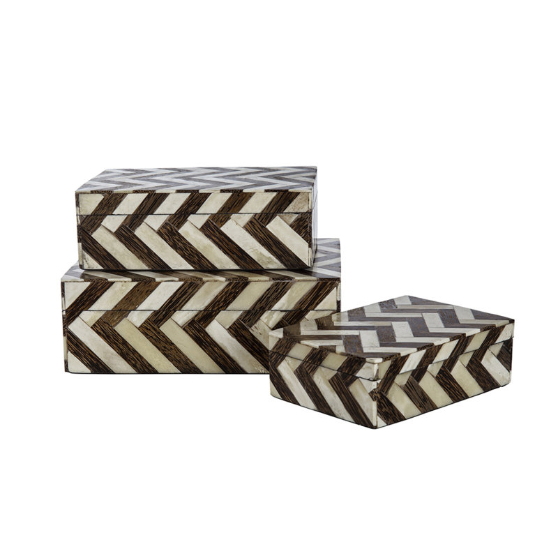 Ensemble de 3 boîtes de rangement, incrustation d'os zigzag, blanc et brun 9 7 6 pouces