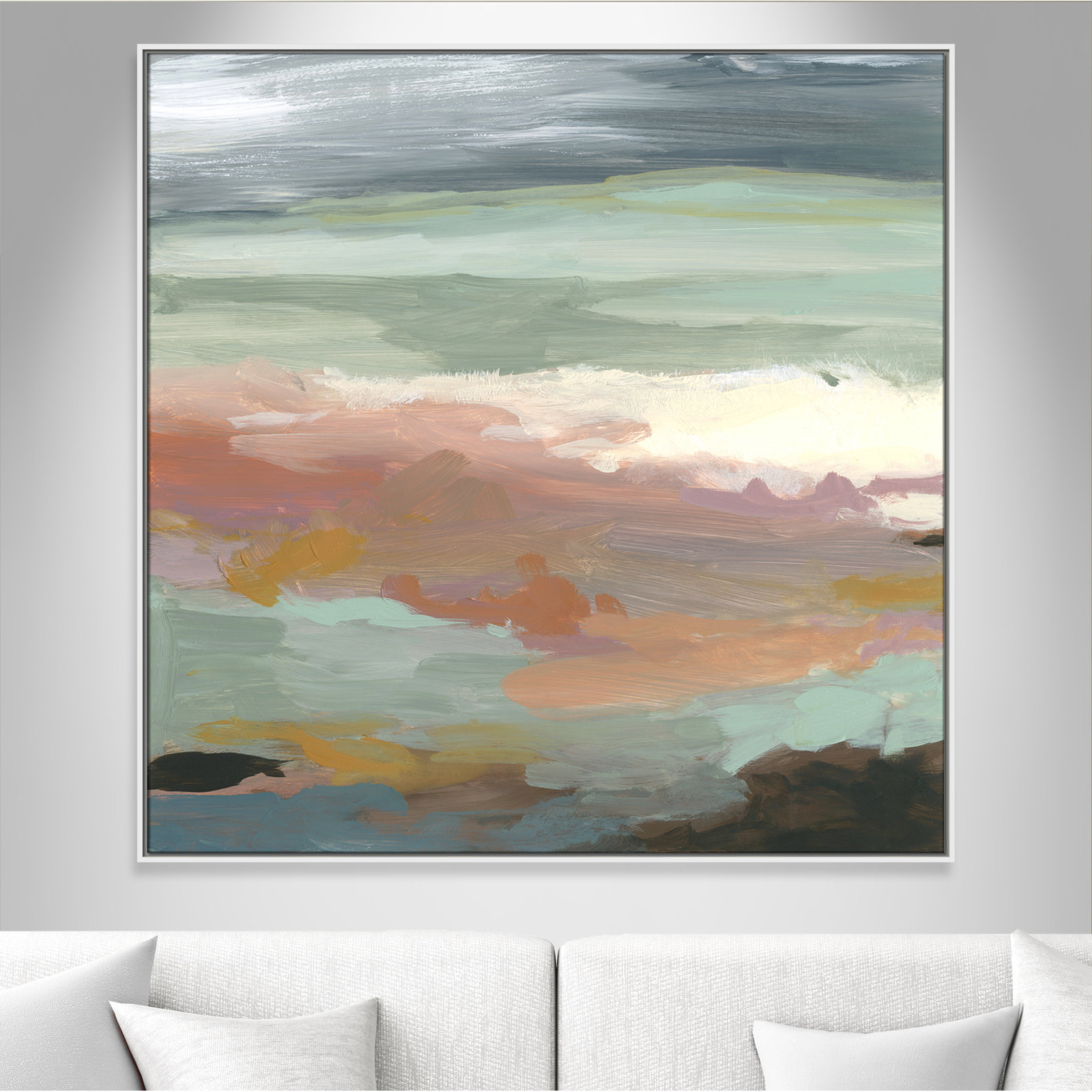 Bingham "Ocean Bluffs" Painting by Carol Robinson, Picture Framed Canvas, 46.5" H x 46.5" W, White
