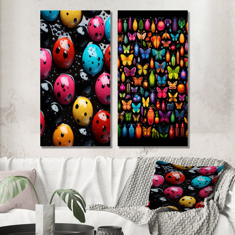 Colourful Insectes Bugs Collage I - ensemble de 2 insectes et insectes, H 28 po x l 25 po, Toile tendue