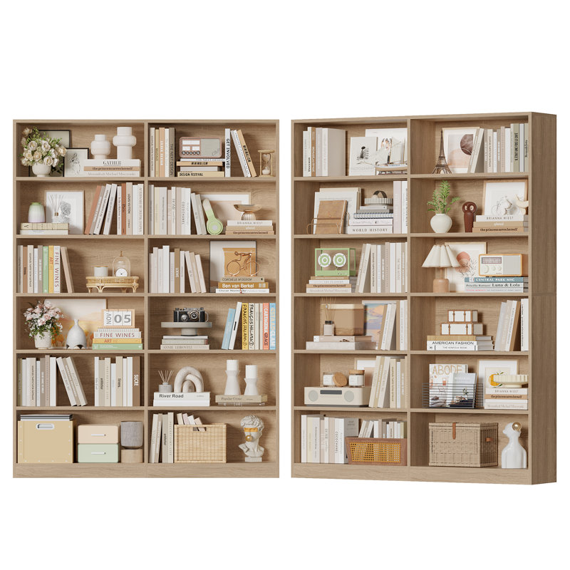 Bibliothèque double en bois à 6 niveaux H 74,3 po x l 47,2 po (ensemble de 2), Chêne