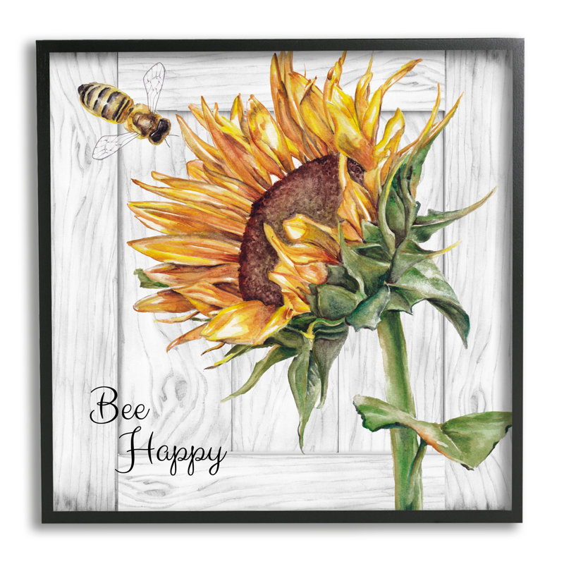 Bee Happy Rustic Sunflower Framed by Studio 731 rep. Levison Designs, Midnight Black Framed Giclee, 17" H x 17" W x 1.5" D