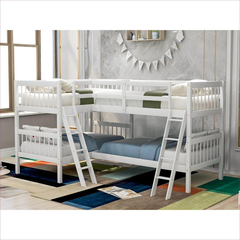 Lit simple superposé en forme de L en bois massif blanc classique pour 4 personnes, style Mission pour chambres familiales et soirées pyjama