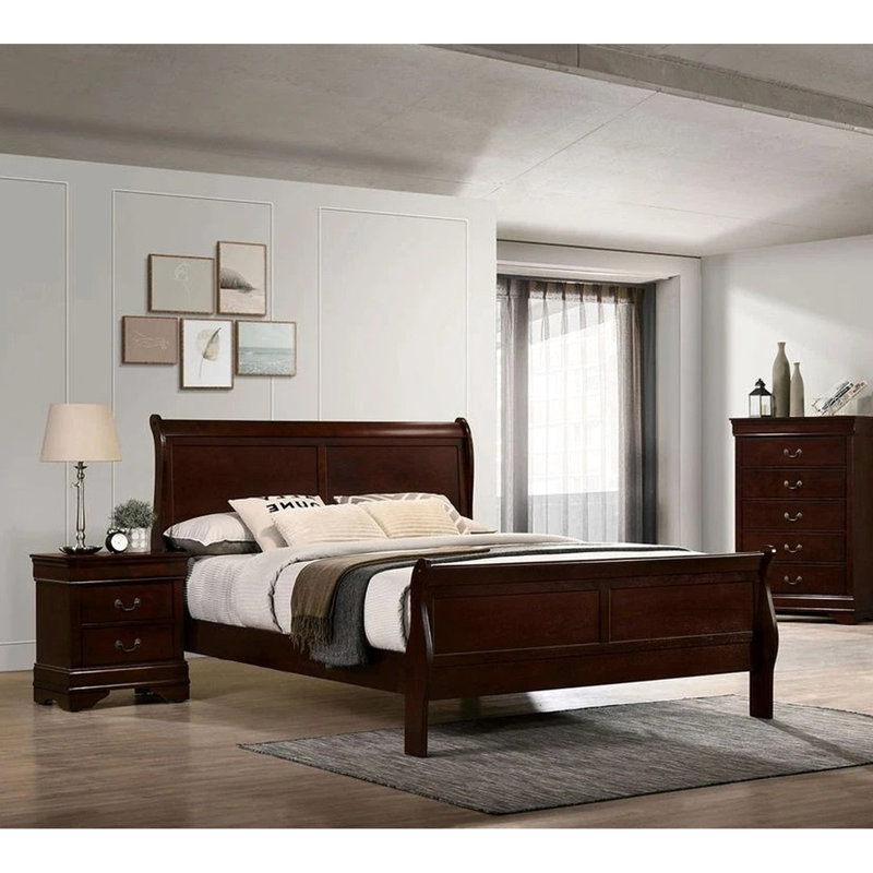 Grand lit en bois de cerisier massif, style transitionnel pour la chambre à coucher, pieds de support et cadre de lit anglais, pièce de chambre à coucher avec base requise