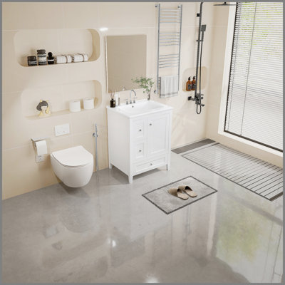 Meuble-lavabo de 24 po avec rangement, tablette réglable, panneau de fibres à densité moyenne et bois d'hévéa, cloisons amovibles, finition blanc brillant