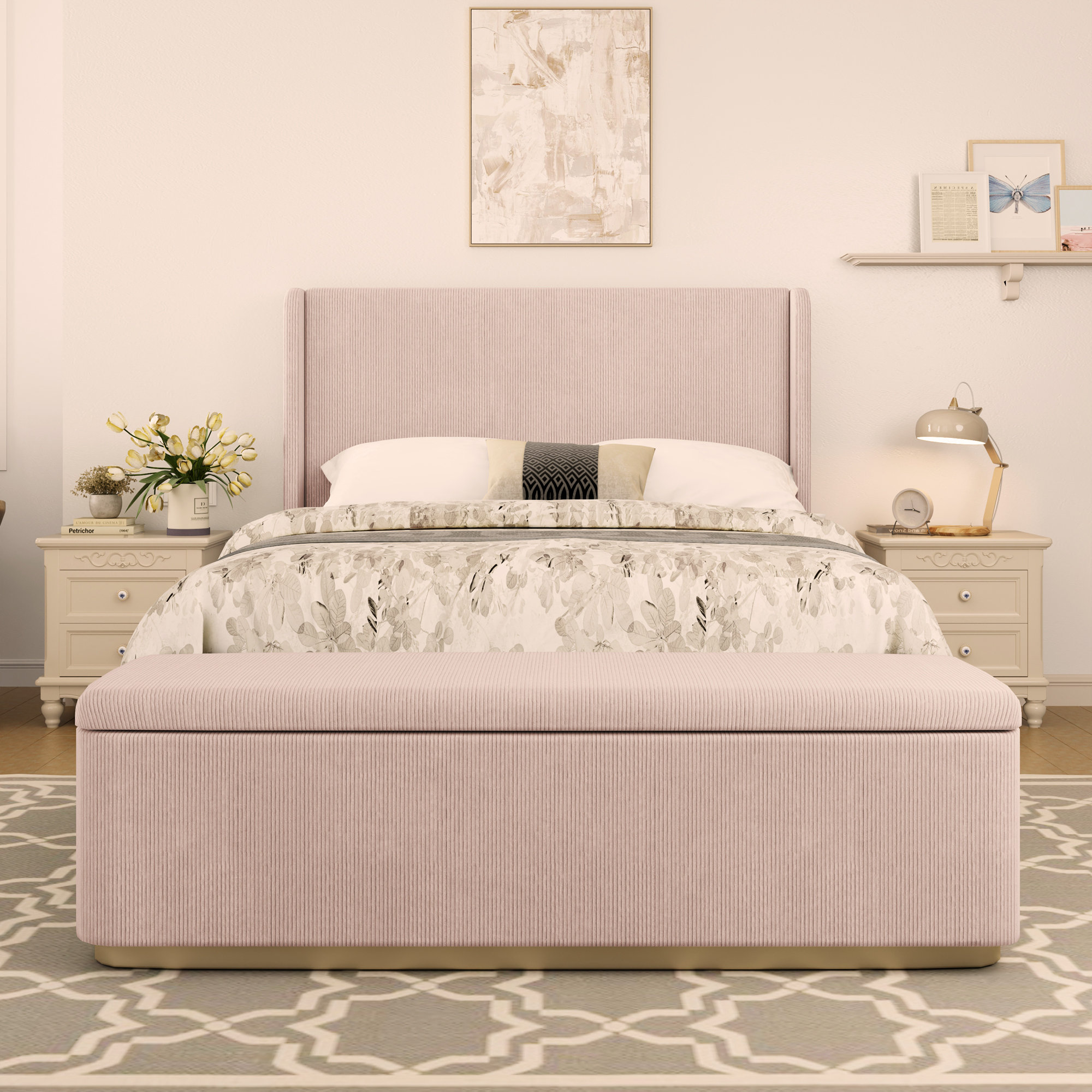 Ebern Designs Queen Size Corduroy Upholstered Bed Frame With 130L ...