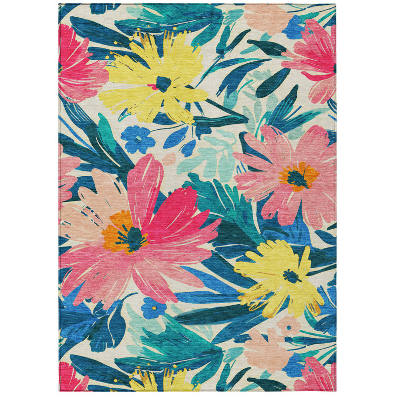 Tapis intérieur lavable floral 8 pi x 10 pi rosé et rose