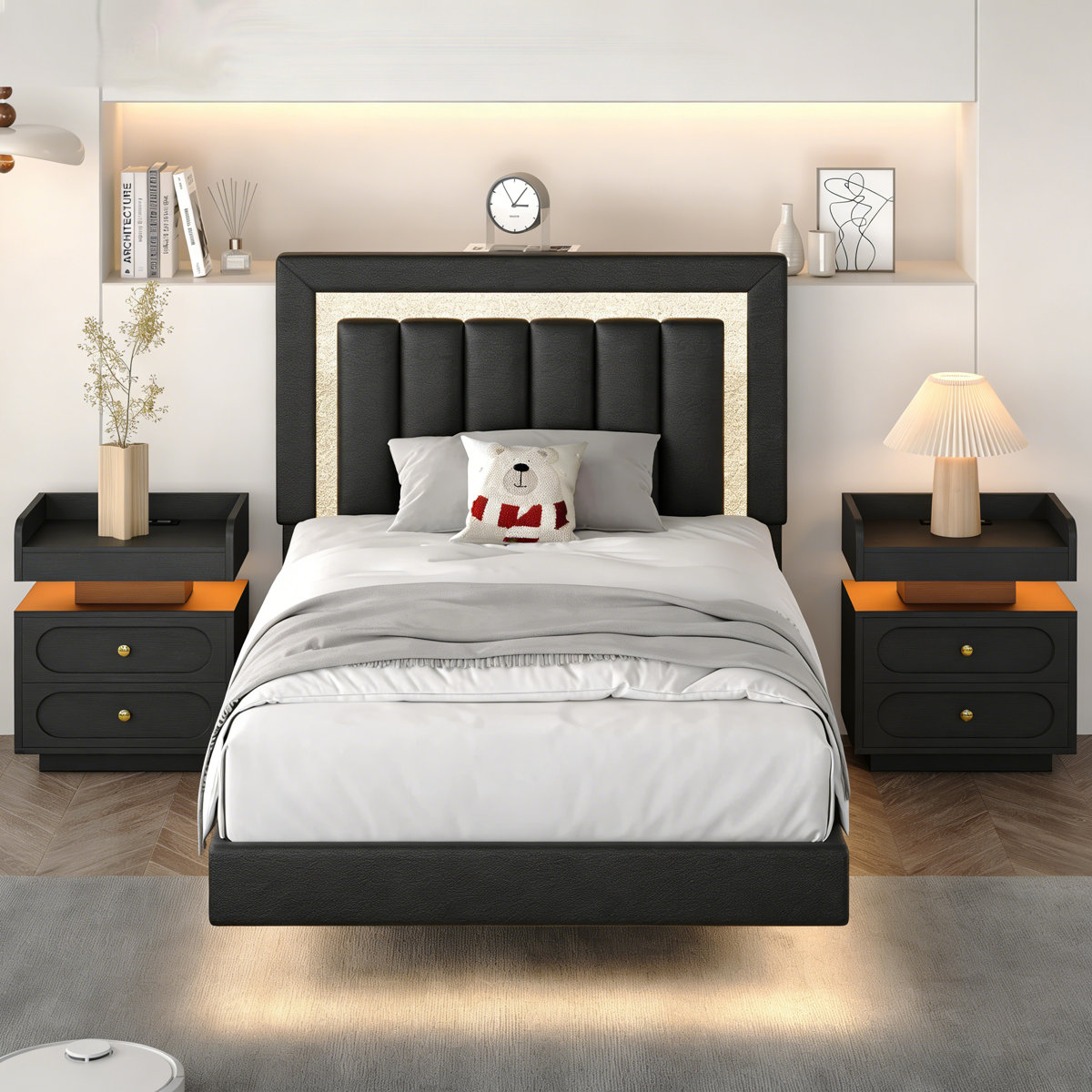 Ebern Designs 3-Piece Illuminated Bedroom Suite, Smart LED Floating Platform Bed with 2-Piece Modern LED Nightstand Set (Twin)