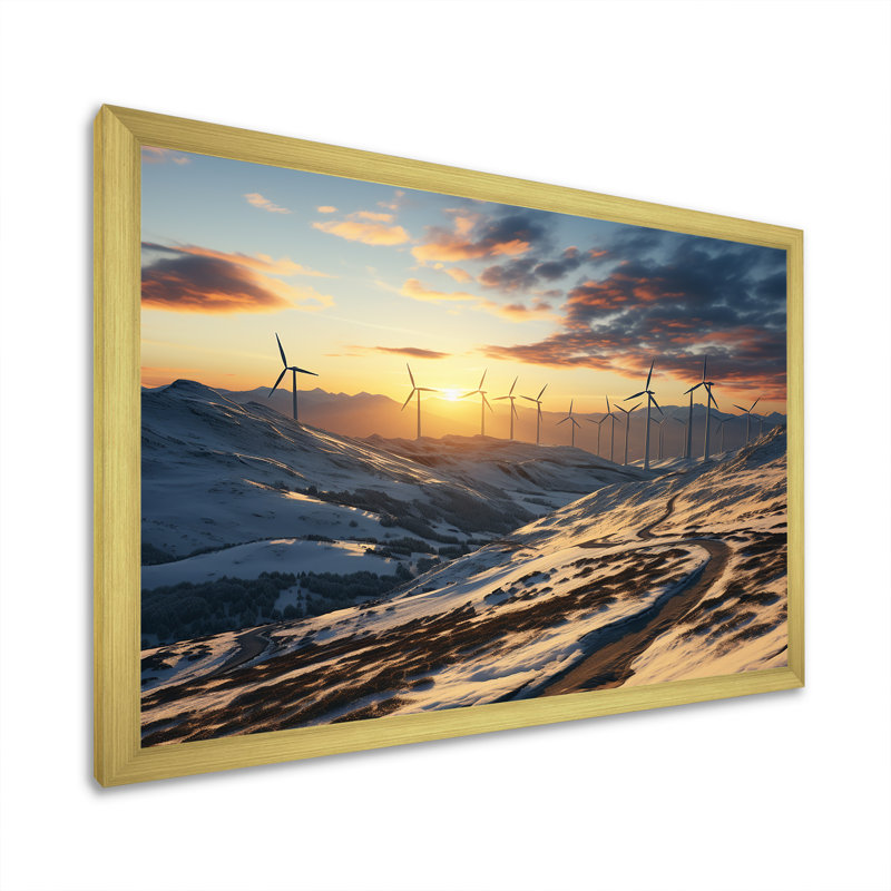 «Sunset Wind Turbines Mountain View III - Wind Turbines», art mural, Cadre doré à coins fermés, H 24 po x l 32 po x P 1 po