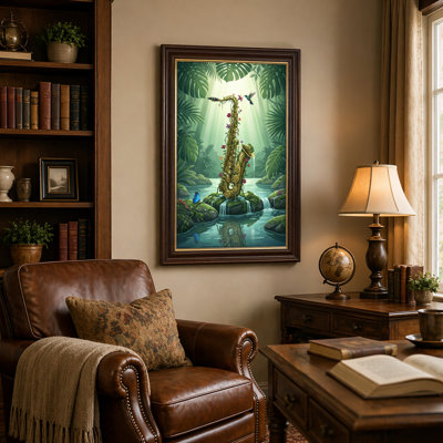 Art mural antique sur toile encadré doré pour le salon, la chambre à coucher, le bureau ou le vestibule - Décoration murale décorative avec saxophone jungle