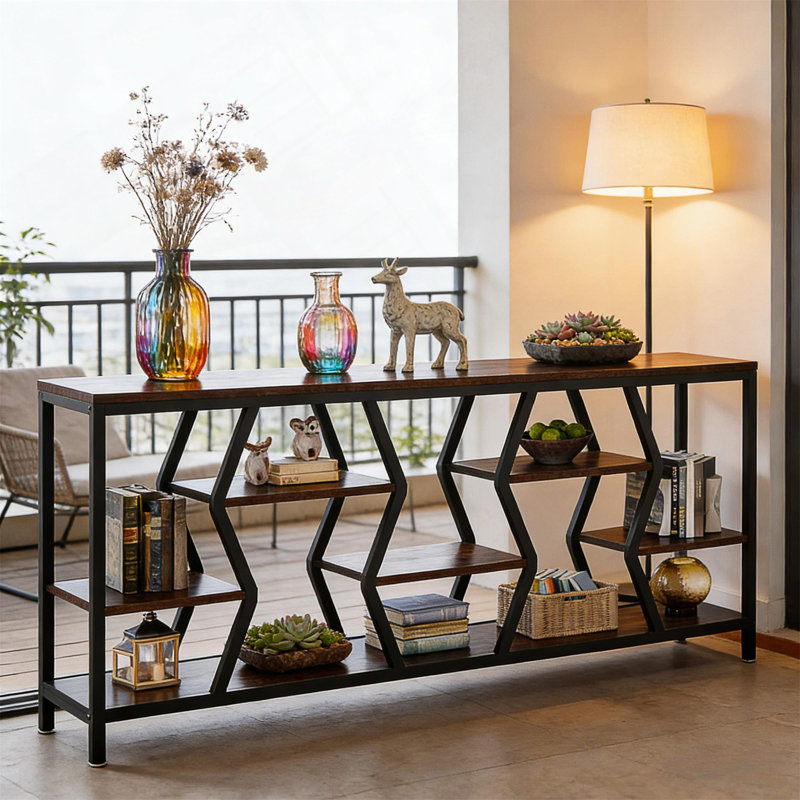 Durable 4-Tier Sofa Console Table With Rustic Wood Finish And Adjustable Stability Pads For Space-Saving Storage.