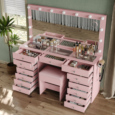 Bureau de coiffeuse 15 tiroirs, coiffeuse de maquillage avec station de charge, coiffeuse avec miroir éclairé, 3 modes d'éclairage, luminosité réglable, plateau en verre, coiffeuse avec fauteuil