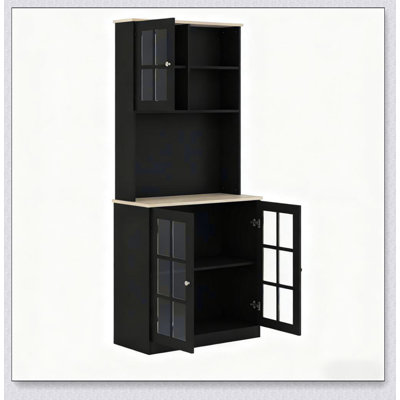 Freestanding Kitchen Pantry Storage Cabinet with Glass Doors, Adjustable Shelves, and Large Countertop for Dining Room