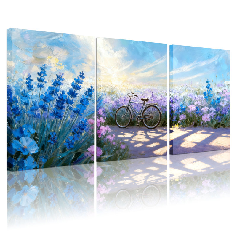 Assortiment de bouquets de fleurs bleues avec chemin de bicyclette, ciel et ombre, ensemble de 3 toiles murales