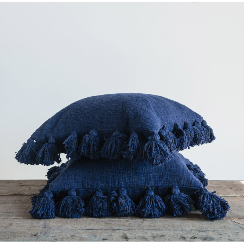 Navy Cotton Square Pillow with Tassels