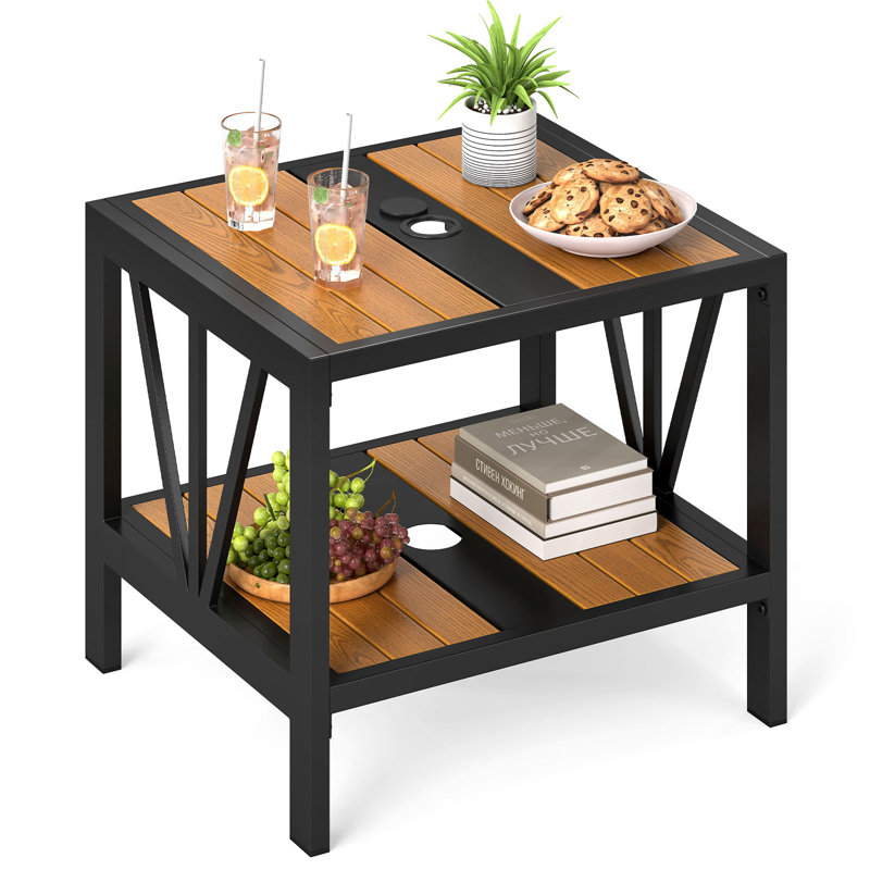  Outdoor Side Table 2-Tier Coffee End Table w/ 1.57'' Umbrella Hole Storage Shelf, 1